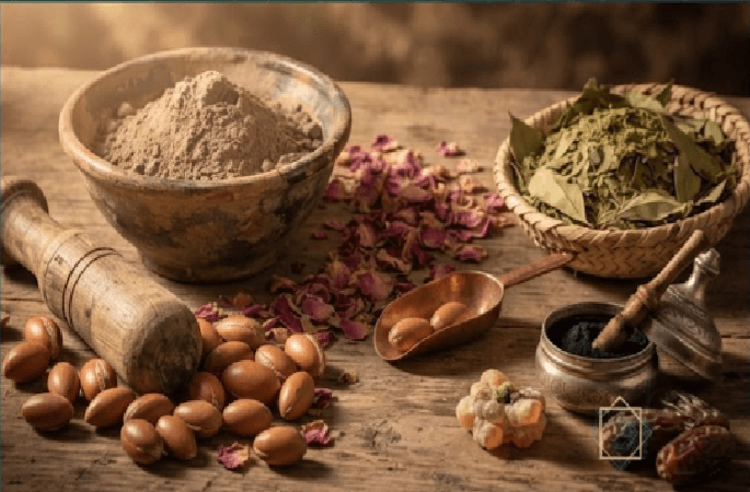 Ingrédients naturels marocains — argan, ghassoul, pétales de rose, savon noir